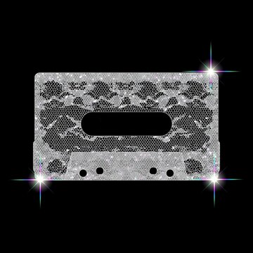 Sparkling silver cassette tape decorated with lace texture and glitter details, isolated on a black background with starburst highlights, combining retro music nostalgia with glamorous fashion style.