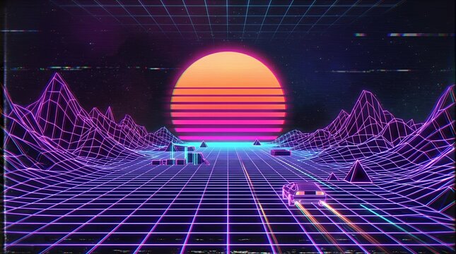 Retro synthwave landscape with neon grid and mountain sunset.