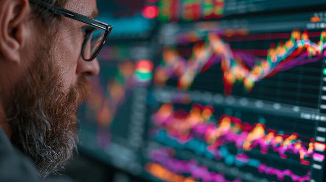 A financial analyst reviews performance charts on a computer screen, comparing hedge funds to traditional investments, with ample copy space for text.