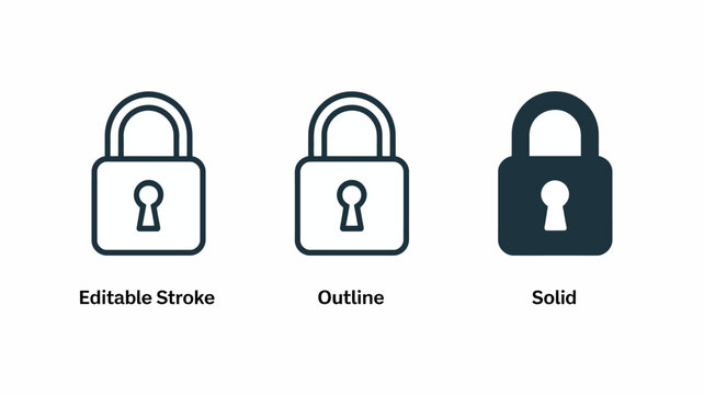 Three padlock icons in varying styles showcase editable stroke outline and solid fill versions locks security protection safety privacy