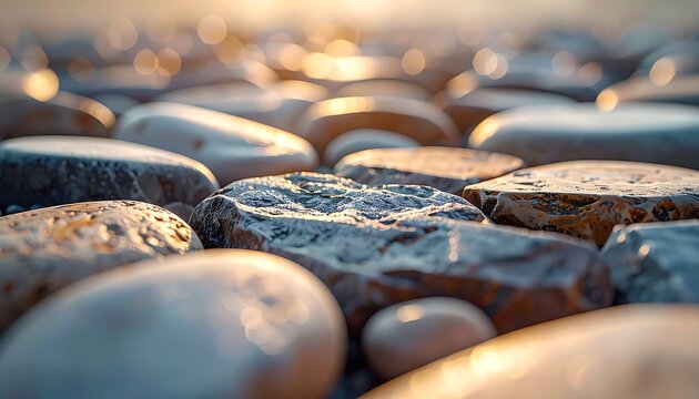 Smooth river rocks in warm sunlight.
