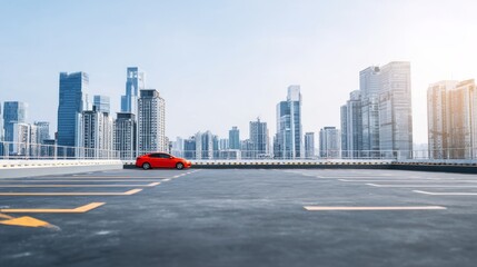 Fototapeta premium Rooftop parking lot featuring a single red car against a backdrop of towering city skyscrapers under clear daylight