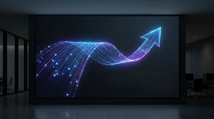 Office display screen showcasing a giant glowing neon blue wave arrow. Corporate strategy concept illustrating digital business transformation. Suitable for boardroom backdrops.