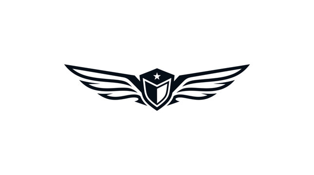 Black and white emblem with shield and wings on white background