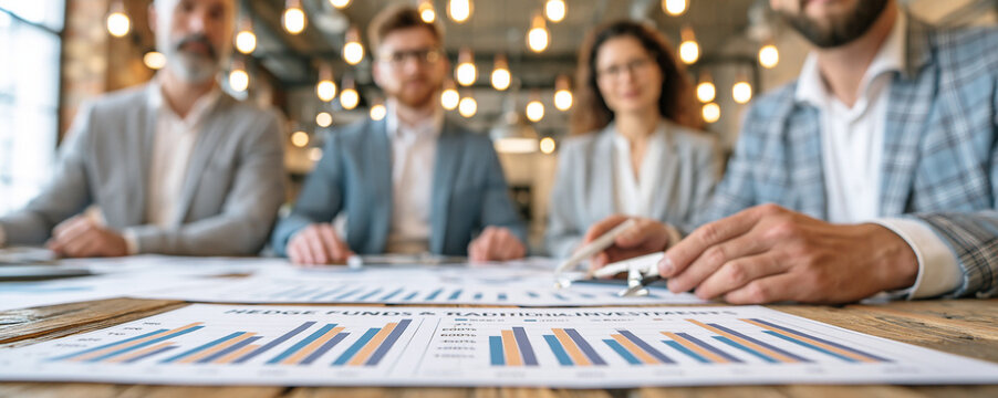 A business meeting scene where professionals are evaluating charts comparing hedge funds and traditional investments, with clear space for text.