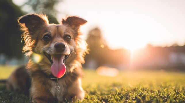 Small dog lying in a field, looking directly at the viewer with a cheerful expression during sunset