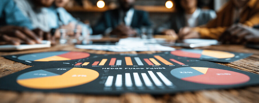 A business meeting scene where professionals are evaluating charts comparing hedge funds and traditional investments, with clear space for text.
