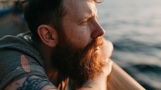 Contemplative Bearded Man with Tattoo on Forearm, Sitting by Water at Sunset