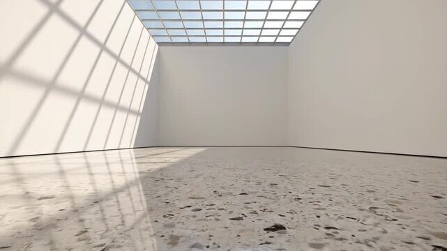 Modern empty art gallery with terrazzo floor and natural light from skylight