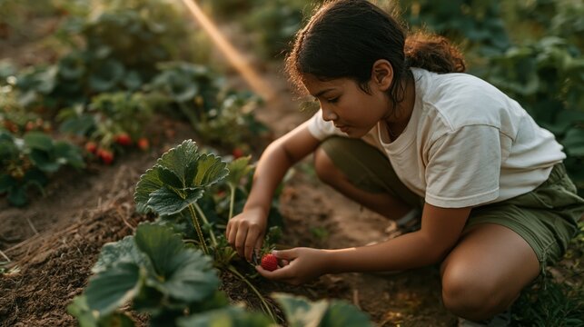 Harvesting in the Garden: A Young Person Tending to a Ripe Strawberry Patch