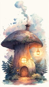 Tall watercolor mushroom cottage with glowing window and hanging lantern for fairy tale poster background and wallpaper design