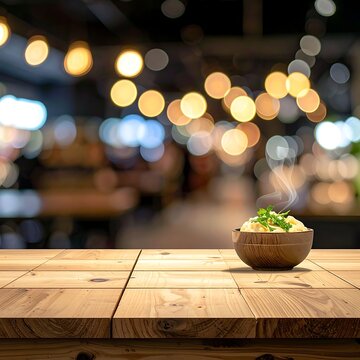 Steaming bowl on wooden table indoors.