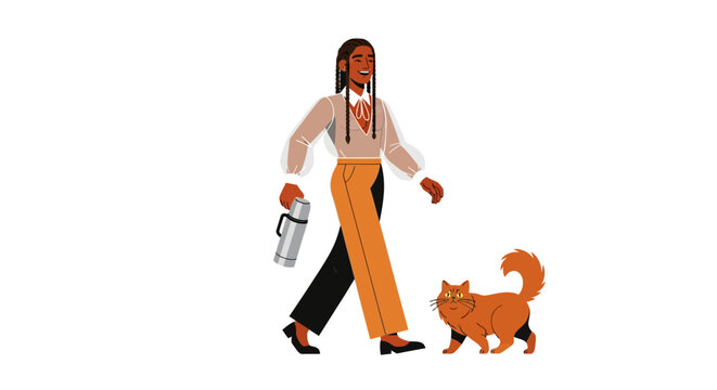 Woman walking her cat and robot on leashes.