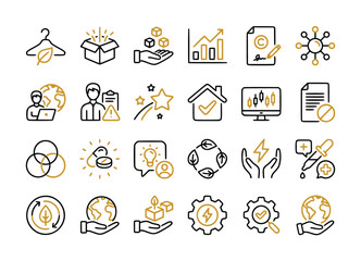 Fototapeta premium Sustainable business line icons set, eco-friendly industry and corporate social responsibility vector symbols, 24 green energy and ethics signs