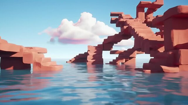 Stylized terracotta formations rise from tranquil blue water under a partly cloudy sky