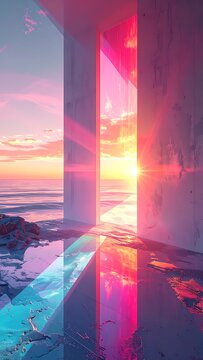 Sunset through modern building ocean view.