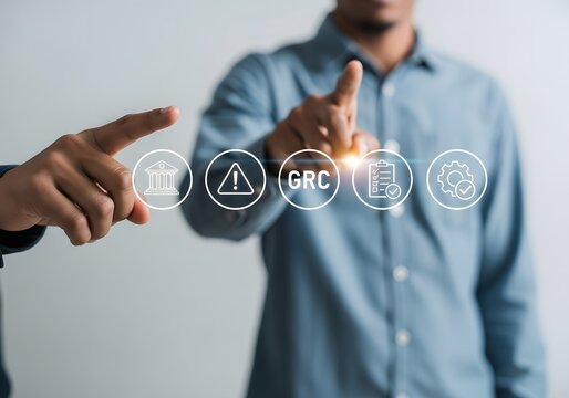 Professional business people pointing at a virtual interface showing grc compliance icons