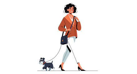 Fototapeta premium Stylish woman walking her small dog on a leash.