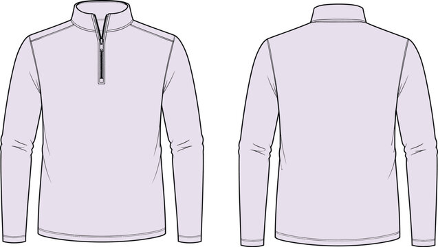 Men quarter zip pullover sweatshirt technical fashion sketch template vector illustration in image_fd062a.png showing front and back views