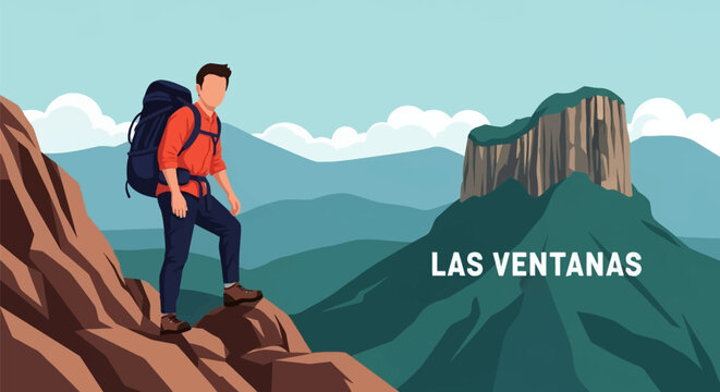 Flat vector illustration of a young man with a large backpack hiking in Las Ventanas, standing on a rocky ledge overlooking green mountain ranges and a unique rock formation.