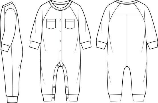 Technical fashion flat sketch vector illustration of baby sleepsuit jumpsuit romper template displayed from front side and back views