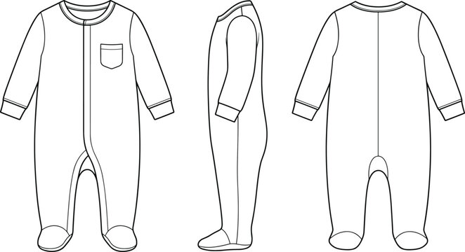 Technical fashion flat sketch vector illustration of baby sleepsuit footed romper garment template from front side and back views