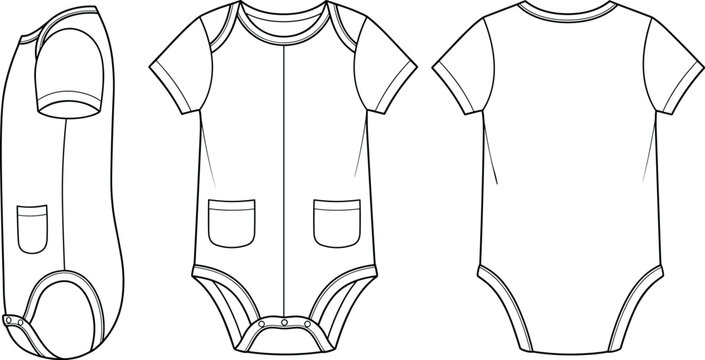 Technical fashion flat sketch vector illustration of a baby bodysuit romper template shown from front side and back views