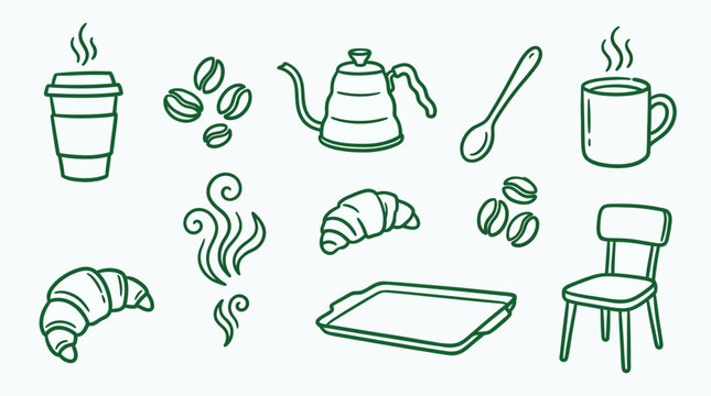 Collection of hand-drawn coffee shop elements including a take-away cup, coffee beans, kettle, mug, croissants, and a chair.