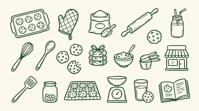 Collection of baking and cooking related icons and illustrations, including cookies, ingredients, and tools.