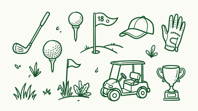 Collection of hand-drawn golf icons including a golf club, balls, tees, flags, a golf cart, a trophy, and a cap.