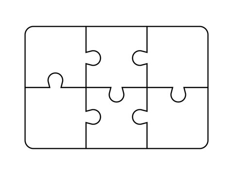 Outline blank connected puzzle 6 pieces frame. Frame puzzle 2x3 pieces. Template shape of Jigsaw puzzle pieces. Stock vector illustration isolated on transparent background.