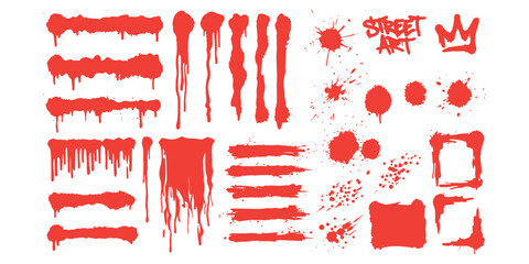 Set of red spray paint graffiti drips and splatters for urban street art designs © md