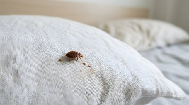 Close-up of a Bed Bug on White Pillow in Bedroom Setting