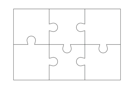Outline blank connected puzzle 6 pieces frame. Frame puzzle 2x3 pieces. Template shape of Jigsaw puzzle pieces. Stock vector illustration isolated on transparent background.