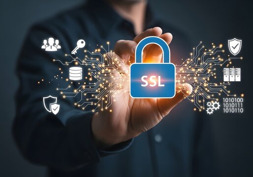 Businessman interacting with a glowing digital ssl security lock icon for data protection