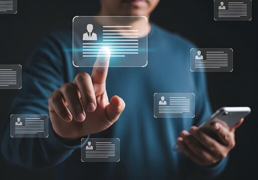 Businessman interacting with virtual digital profile cards on a futuristic touch interface