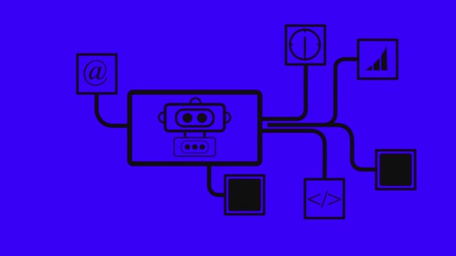 Artificial intelligence AI robot chatbot vector icon animation with data connectivity cable line network including email coding time and network signal symbols isolated on blue background.