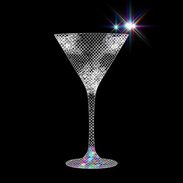 Elegant sparkling cocktail glass silhouette with a bright starburst highlight on a black background, ideal for nightlife, celebration, luxury drink, party, bar, and festive design concepts.
