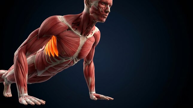 3D anatomical rendering of a male human body showing muscles during a scapular push-up exercise, with serratus anterior highlighted, for human muscular system education.