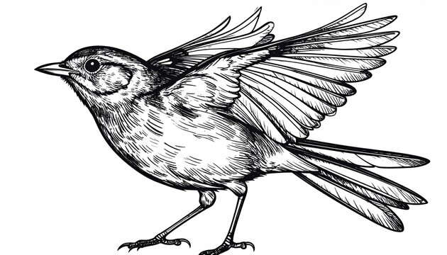 Detailed black and white ink sketch of a bird in mid-flight, wings spread wide