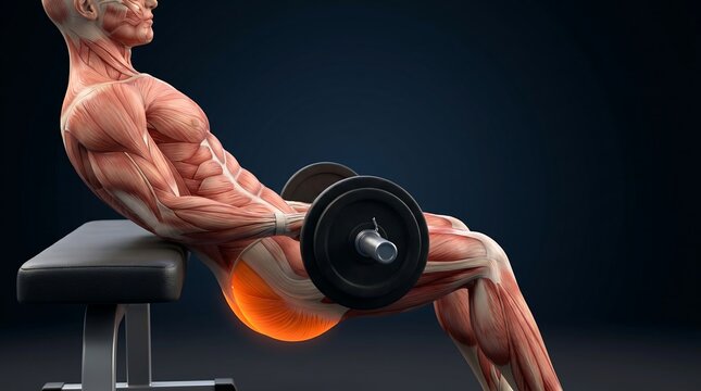 Detailed anatomical illustration of a human muscle model performing a barbell hip thrust exercise, highlighting the gluteus maximus muscles, for human muscular system education.