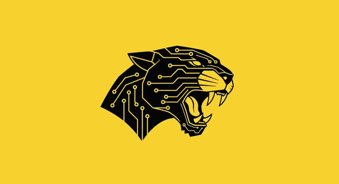 Cybernetic black panther head tech logo on yellow.
