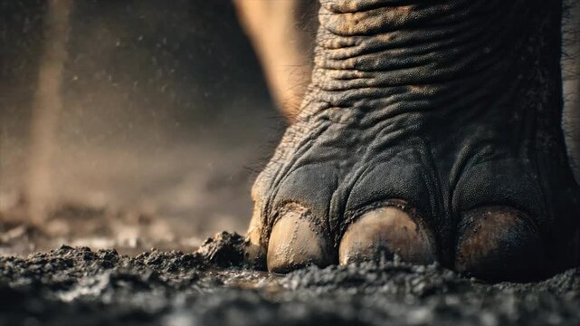 Close-up of an elephant's foot resting in muddy ground, water particles in the air