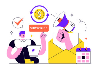 Naklejka premium Subscription Vector Illustration Featuring Email Marketing, Membership Plans, Subscriber Management, Digital Notifications, and Online Service