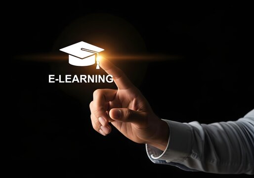 Hand touching a virtual e-learning icon for online education and digital training concept