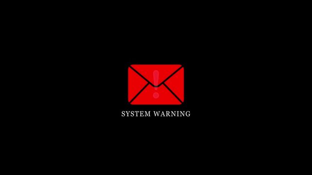 System Warning Animation with Red Envelope Email Icon and Exclamation Mark for Cyber Security Breach, Spam Alert, and Malware Notification Isolated on Black Background.