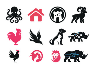 Obraz premium Collection of Twelve Minimalist Animal and Symbolic Logo Design Icons in Black and Pink.