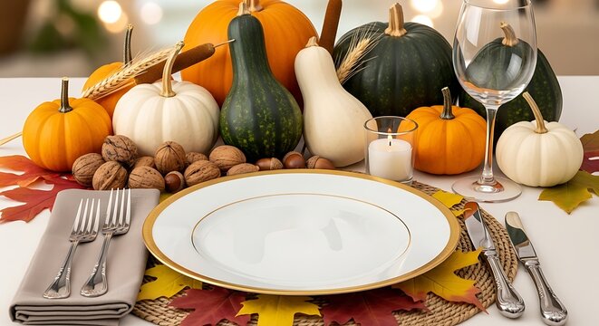 Autumn table setting with pumpkins gourds nuts and fall leaves on white table