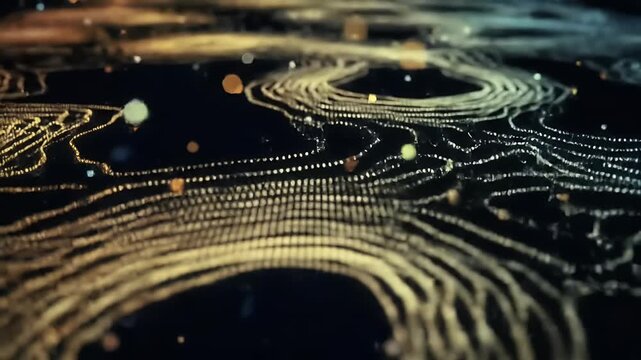 Abstract flowing lines with glowing dots on dark background