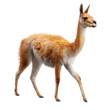 Full body portrait of a graceful wild vicuna standing with soft golden brown fur and alert pointed ears captured against a clean white background in a detailed high resolution image